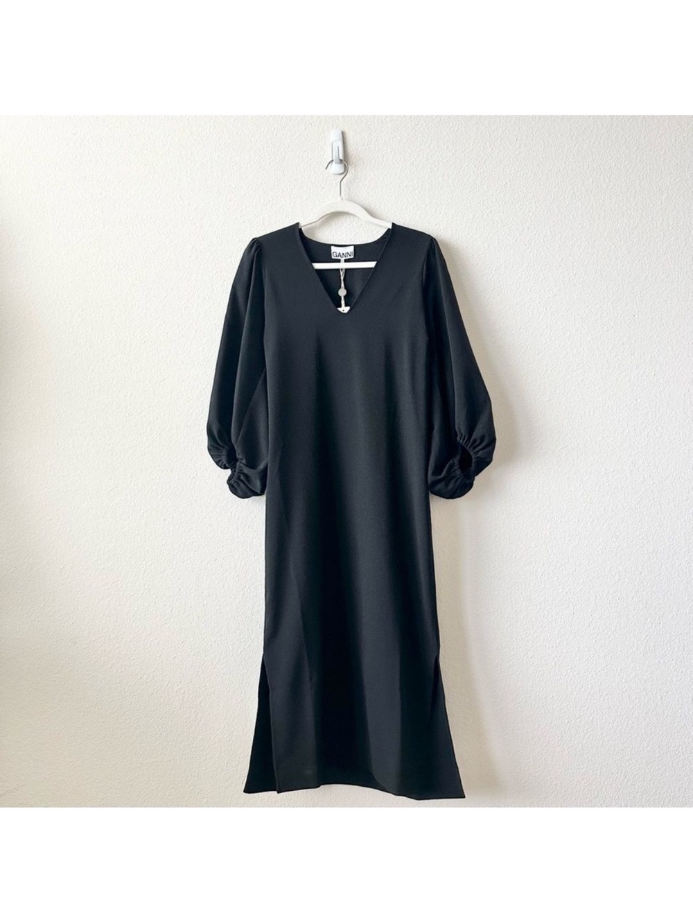 NWT Ganni Heavy Crepe Ballon Sleeve Dress in Black Size 42 US 10 - Picture 3 of 8